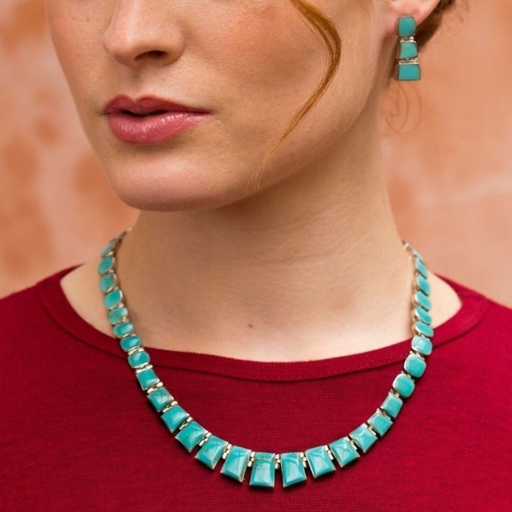 Vintage Hand-Cut Chilean Turquoise 925 Silver Earring And Necklace Set